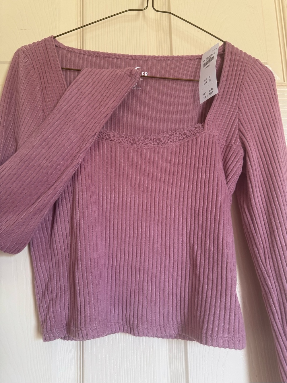 Hollister Ribbed Square-Neck Long Sleeve Crop Top in Dusty Mauve NWT